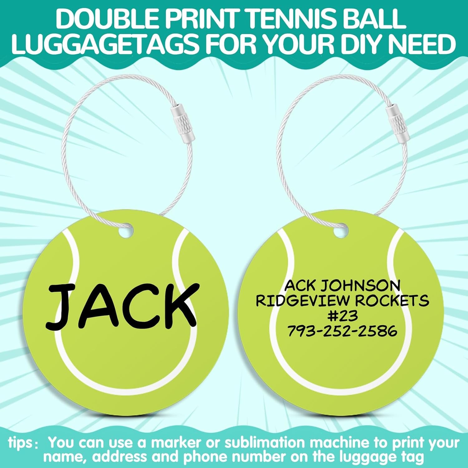 12Pcs Tennis Luggage Tags Fortravel Suitcases Labels with Metal Ring 2.75In Tennis Keychain PVC Name Id and DIY Pocket Hug Card,Backpack Charms for Men Women Travel Bag Suitcase