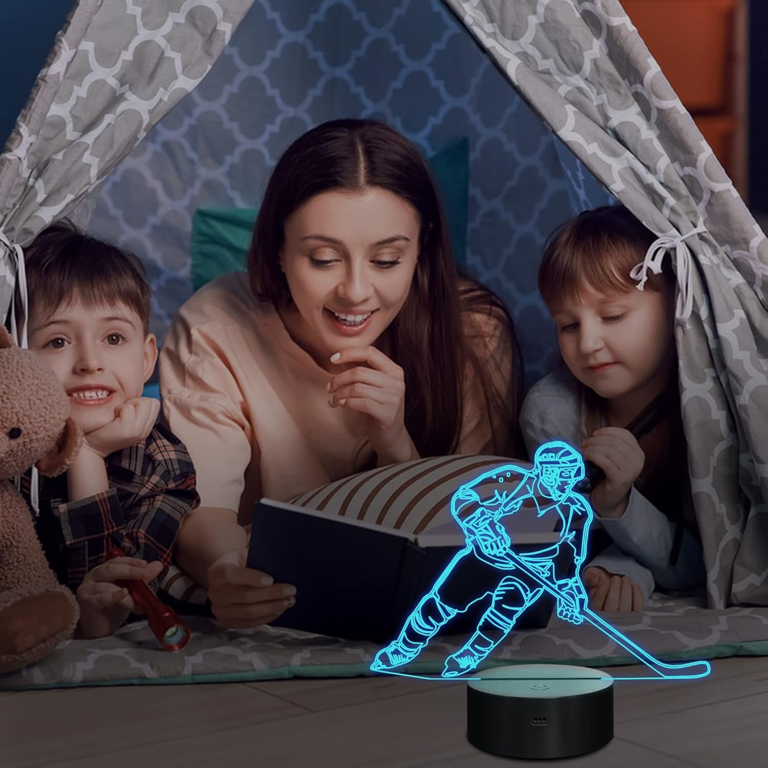Ice Hockey Player 3D Night Lights for Kids LED 16 Colors Remote Control Changing Touch Dimmable Table Desk Lamp Birthday Xmas Gifts Home Decor for Sports Hockey Fan