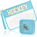 2 Pcs Hockey Gifts Makeup Bag with Chenille Letter Patch, Clear Cosmetic Pouch PVC Organizer Purse, Waterproof Travel Bag, Portable Toiletry Storage Bag for Her Girls Friends Women