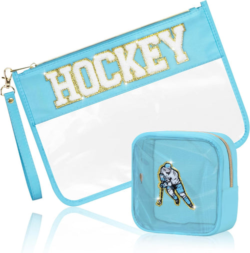 2 Pcs Hockey Gifts Makeup Bag with Chenille Letter Patch, Clear Cosmetic Pouch PVC Organizer Purse, Waterproof Travel Bag, Portable Toiletry Storage Bag for Her Girls Friends Women
