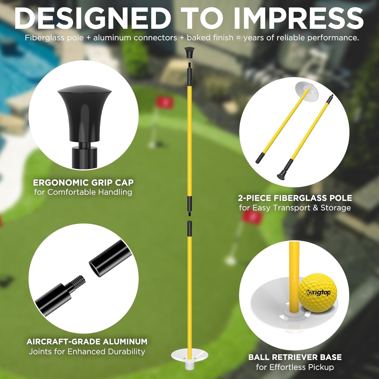 Golf Flagstick Mini, Practice Putting Green Flags for Yard, All 3 Feet, Golf Pin Flag Hole Cup Combo Kit, Fiberglass Portable 2-Section Design, Double-Side American Flag