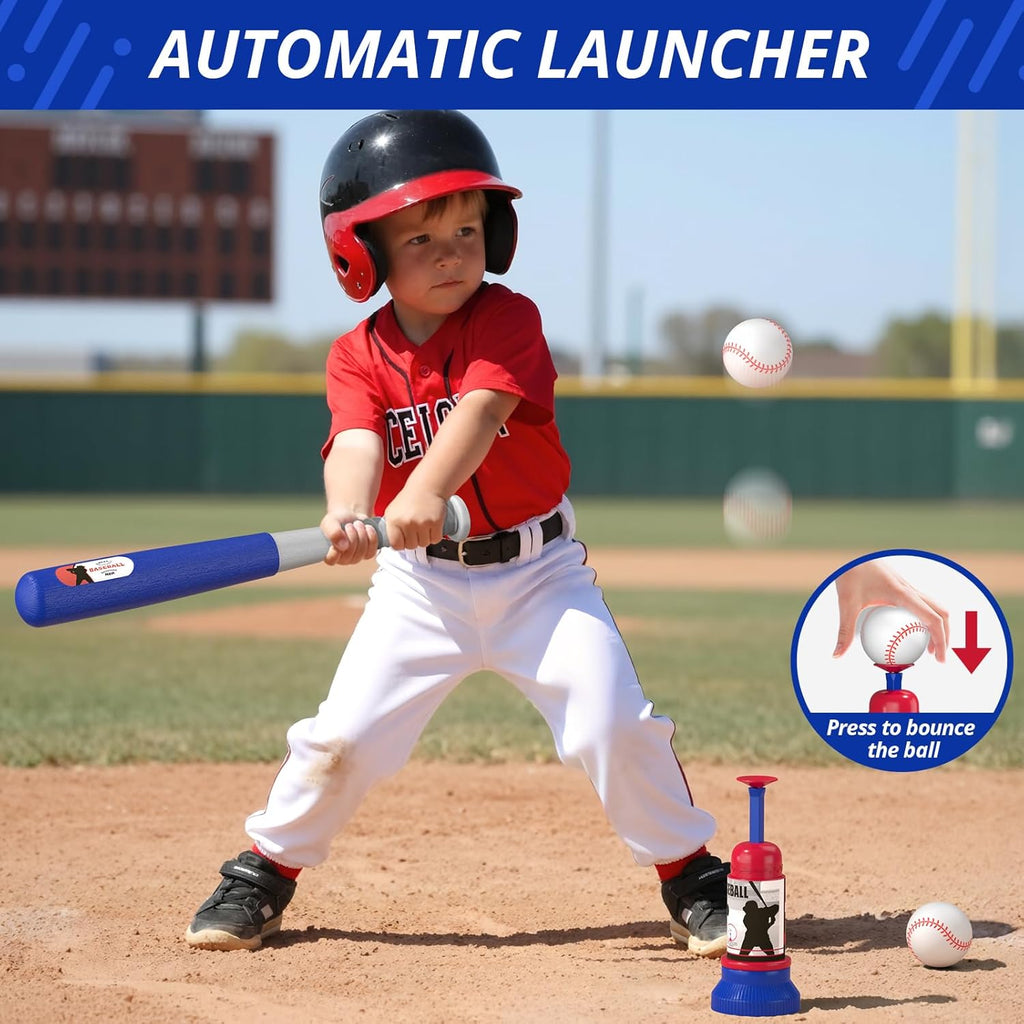 3-In-1 Baseball Set for Kids 3-5 - Tee Ball Stand, Hanging Tee, Ball Launcher and 6 Softballs - Adjustable Height, Indoor/Outdoor Sport Gifts for Boys Girls, Blue