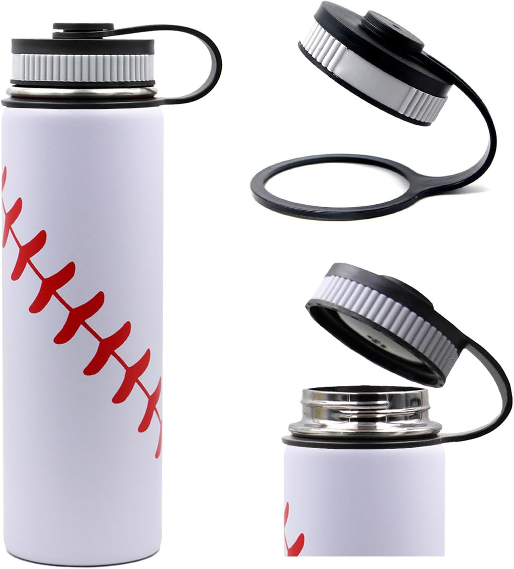 22 Oz Baseball Water Bottle, Sports Flask Metal Travel Tumbler with 2 Lids, Stainless Steel Double Wall Vacuum Insulated Leak Proof Thermo Water Bottles, Baseball Accessories Gifts for Mom Boys Girls