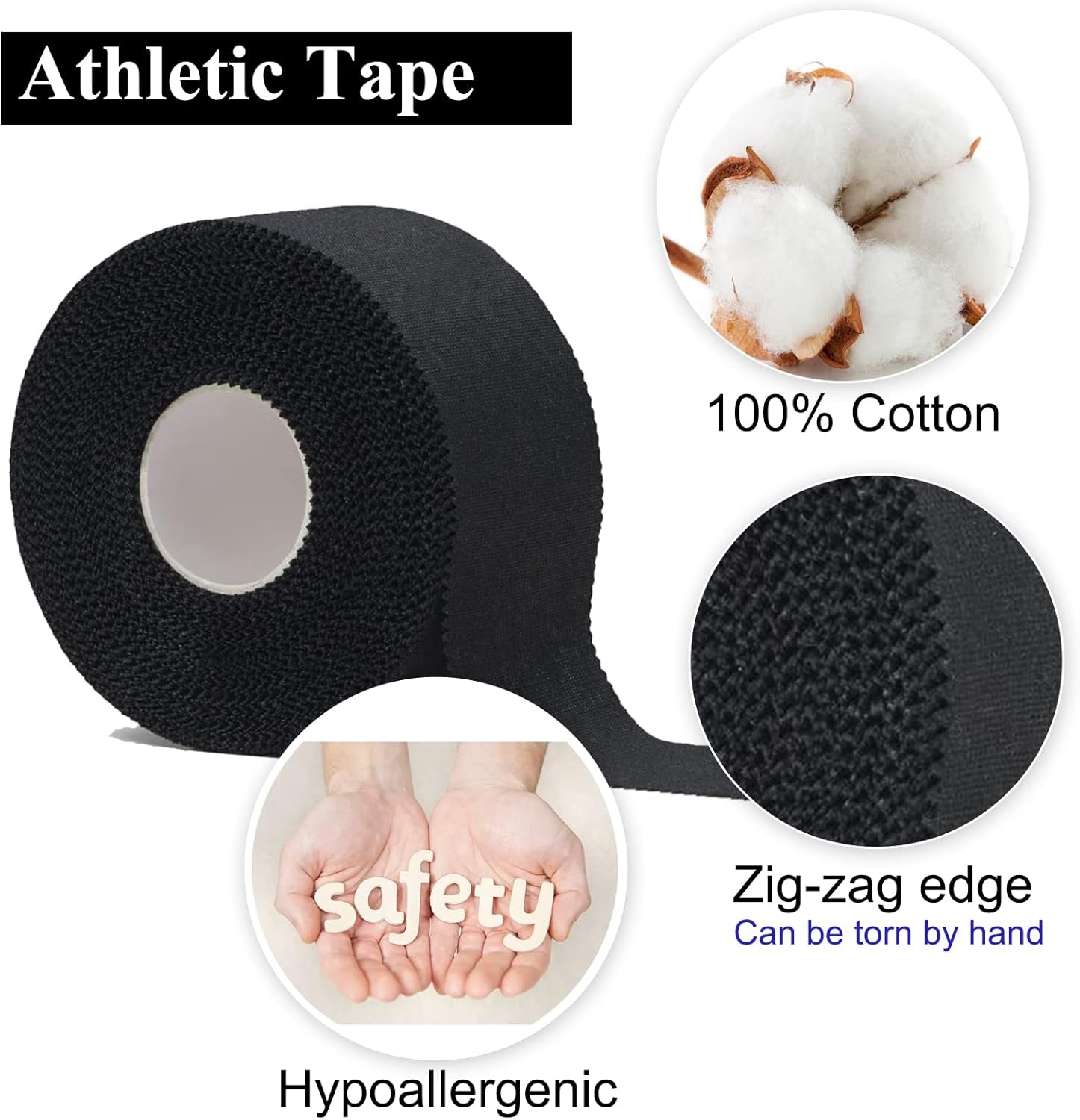 Athletic Tape,5 Pack Black Sports Tape,Strong Stick No Sticky Residue for Hockey Climbing Sports Medical Splints