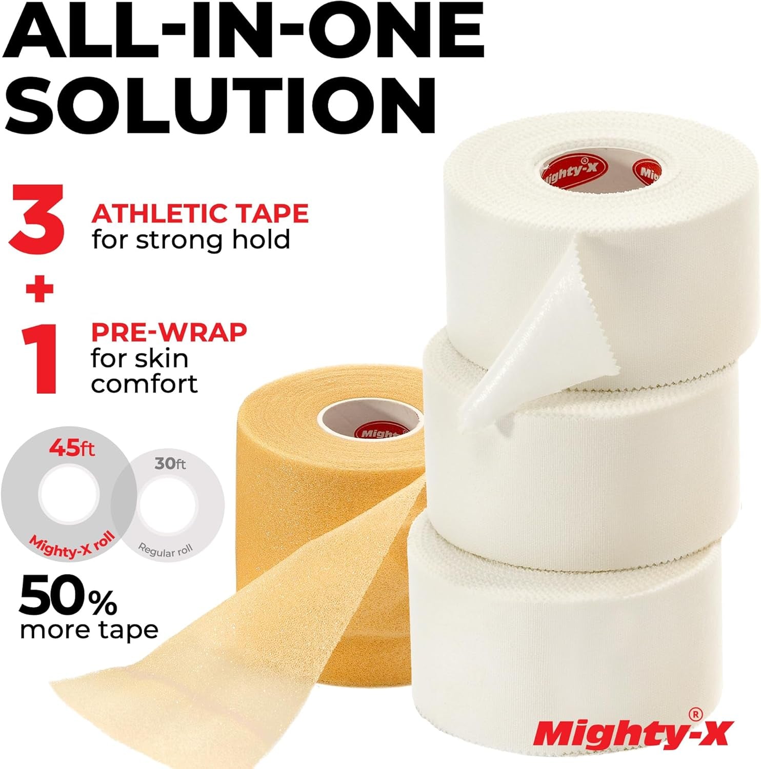 Premium White Athletic Tape for Injuries - 3 Pack with Pre-Wrap - Easy Tear & No Sticky Residue - Sports Zinc Oxide Tape - Ankle, Wrist, Fingers - Ideal for Soccer, Gymnastics, Boxing