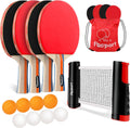 Ping Pong Paddle Set, Table Tennis Set with 4 Rackets and 8 Balls, Retractable Net with Storage Bag - Pingpong Paddle Accessories for Indoor/Outdoor Games