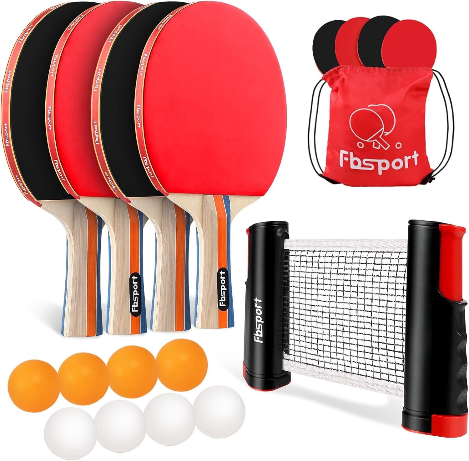 Ping Pong Paddle Set, Table Tennis Set with 4 Rackets and 8 Balls, Retractable Net with Storage Bag - Pingpong Paddle Accessories for Indoor/Outdoor Games
