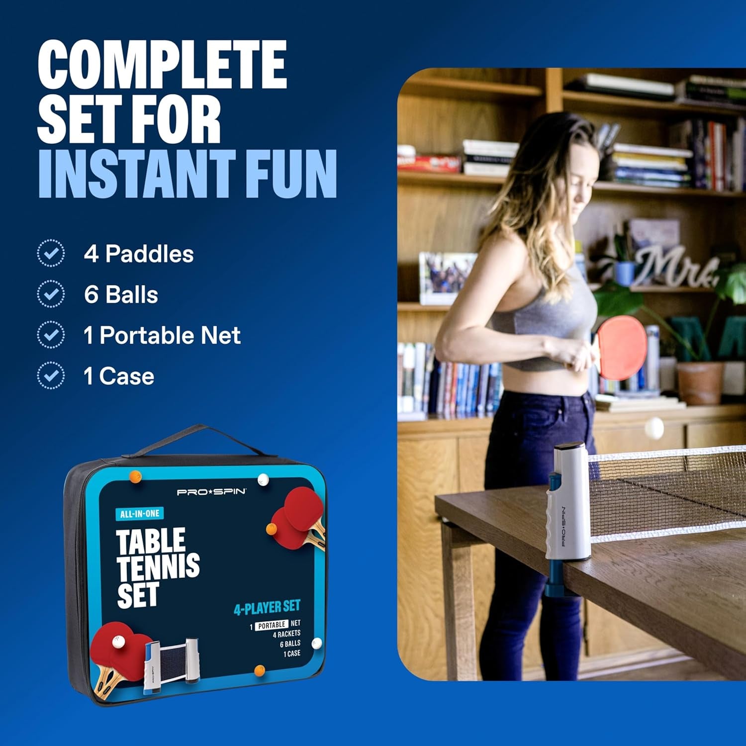 Portable Ping Pong Set with Retractable Ping Pong Net for Any Table, All-In-One Table Tennis Set with Ping Pong Paddles, Balls & Case, Table Top Family Game