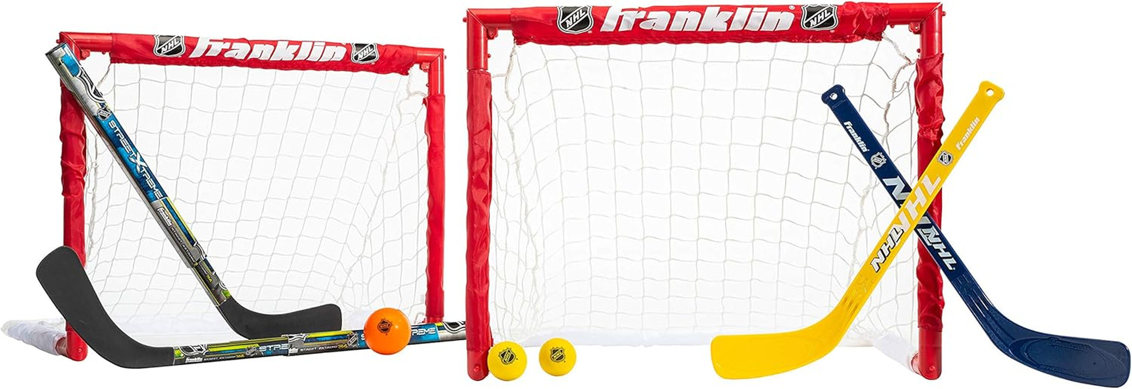 Franklin Sports - NHL Kids Folding Hockey Goals Set - (2) Street Hockey & Knee Hockey Goals - (2) Adjustable Youth Hockey Sticks, (2) Knee Hockey Sticks, (2) Mini Hockey Balls + (1) Street Hockey Ball