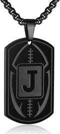 Initial A-Z Dog Tag Necklace for Men - Football Charm Pendant, Stainless Steel Chain 22+2 Inches, Personalized Sports Athletes Jewelry Gift