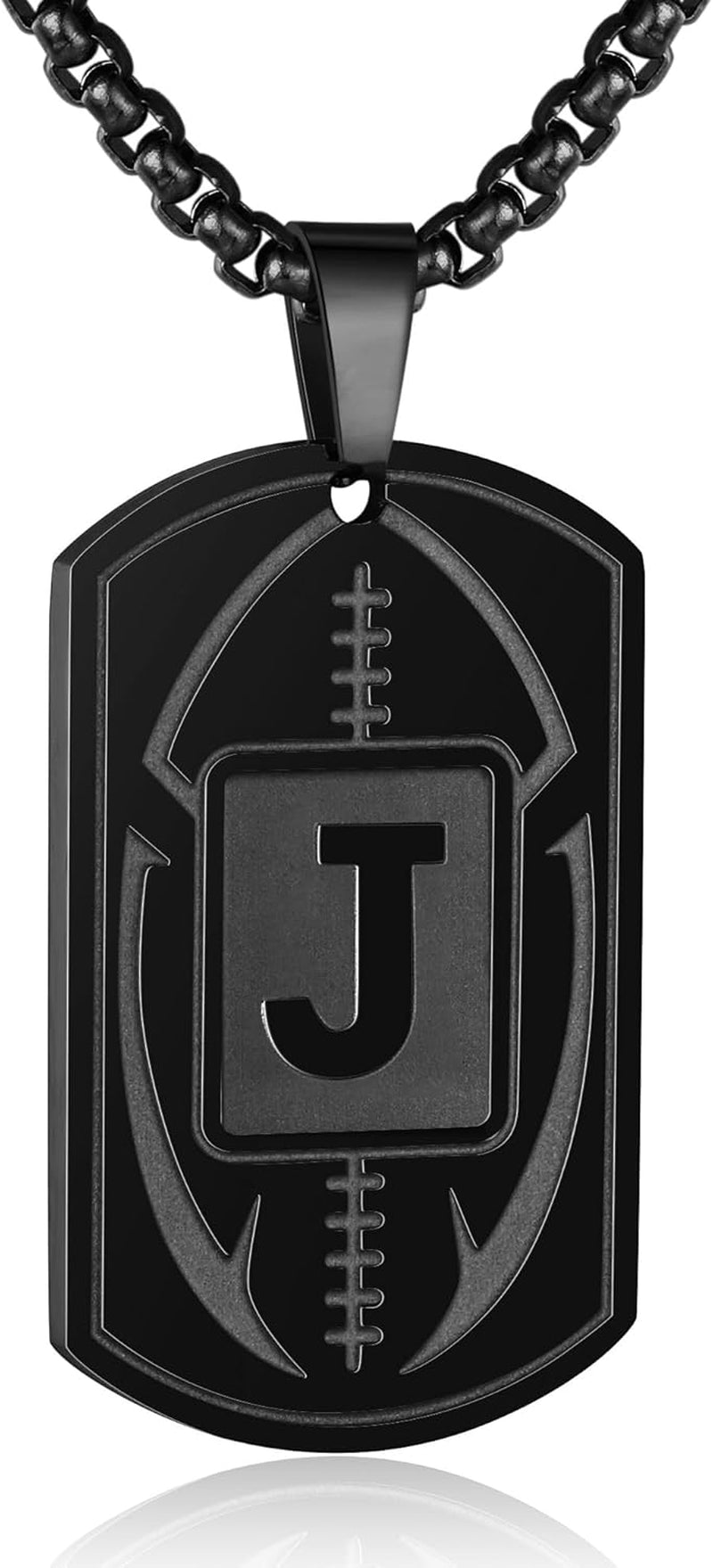 Initial A-Z Dog Tag Necklace for Men - Football Charm Pendant, Stainless Steel Chain 22+2 Inches, Personalized Sports Athletes Jewelry Gift