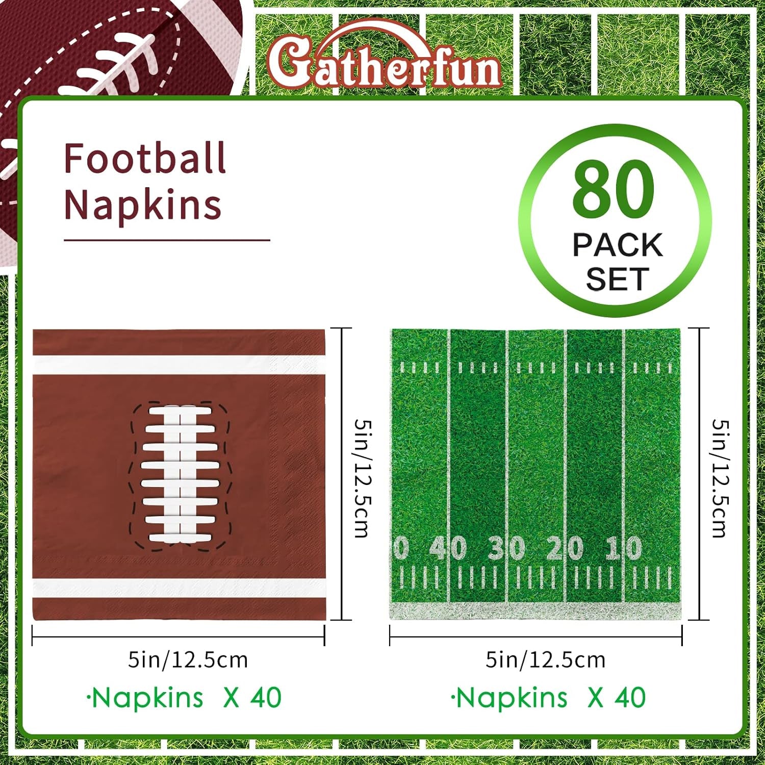 80 Pcs Football Birthday Party Supplies Disposable Paper Cocktail Napkins for Tailgate Party Decorations, Assorted 40 Pack Football Field Design and 40 Pack of Football Pattern, Total 80 Pack