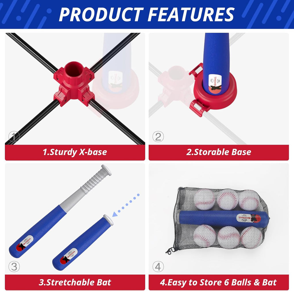 3-In-1 Baseball Set for Kids 3-5 - Tee Ball Stand, Hanging Tee, Ball Launcher and 6 Softballs - Adjustable Height, Indoor/Outdoor Sport Gifts for Boys Girls, Blue