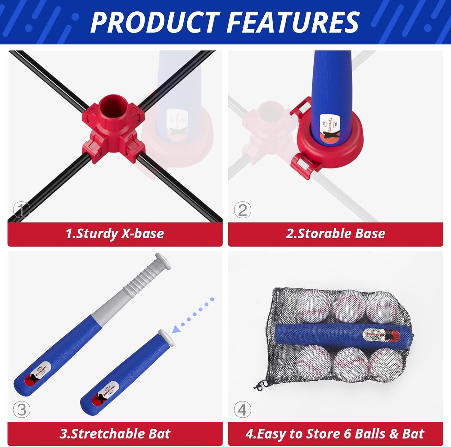 3-In-1 Baseball Set for Kids 3-5 - Tee Ball Stand, Hanging Tee, Ball Launcher and 6 Softballs - Adjustable Height, Indoor/Outdoor Sport Gifts for Boys Girls, Blue