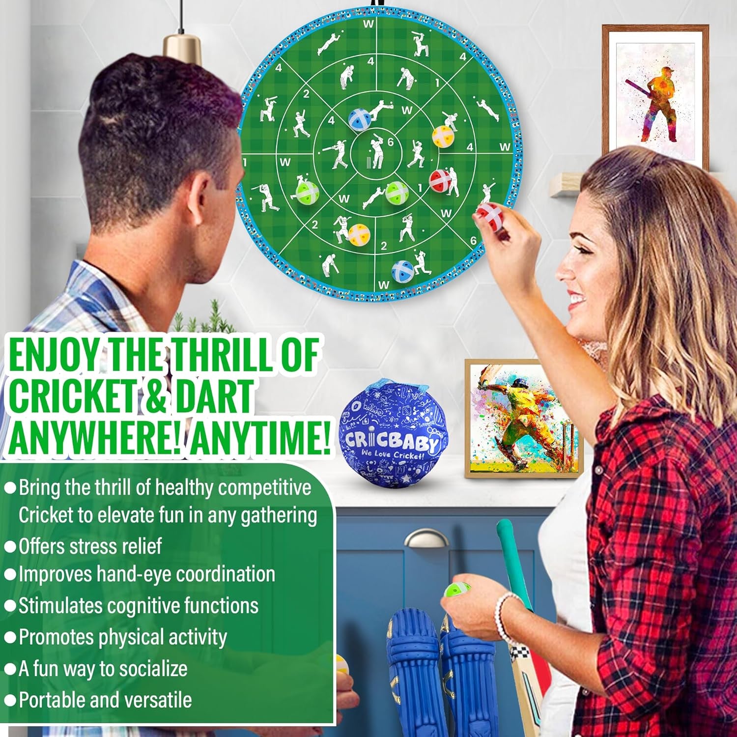Cricket Dart Game, Double Sided, 29 Inches, 24 Sticky Balls, Birthday Gifts for Boys and Girls, Gift for Cricket Lover, Play Indoor/Outdoor, Fun Party Game, Portable Design, for Ages 3+