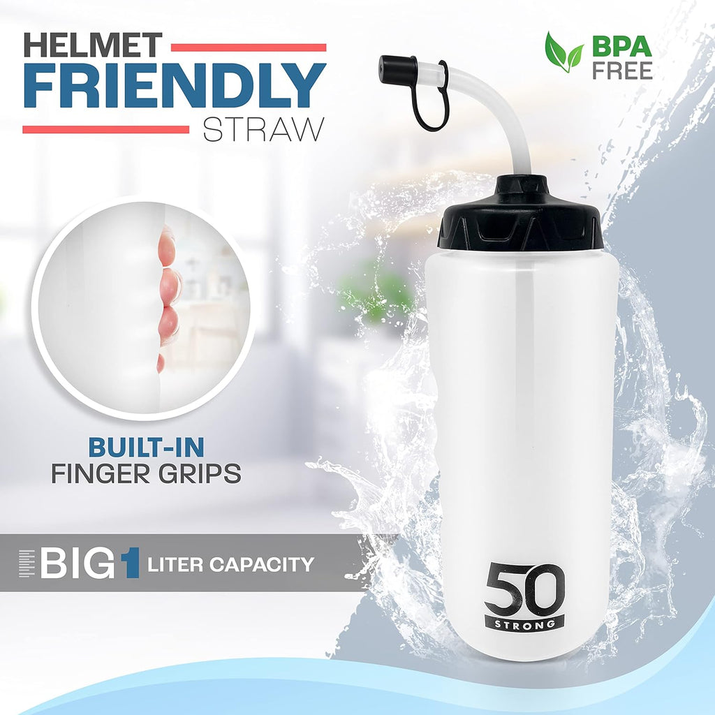 1 Liter Water Bottle with Straw – 2-Pack Easy-Squeeze Sports Bottles with Long Straw & Built-In Finger Grip – Bpa-Free – Made in USA – Ideal for Hockey, Football, Lacrosse & Boxing
