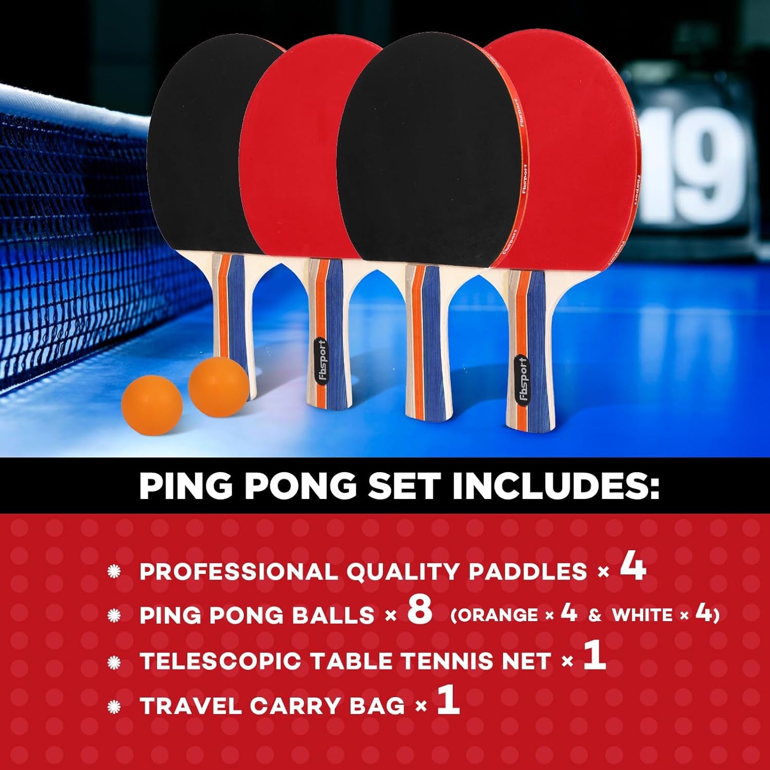 Ping Pong Paddle Set, Table Tennis Set with 4 Rackets and 8 Balls, Retractable Net with Storage Bag - Pingpong Paddle Accessories for Indoor/Outdoor Games