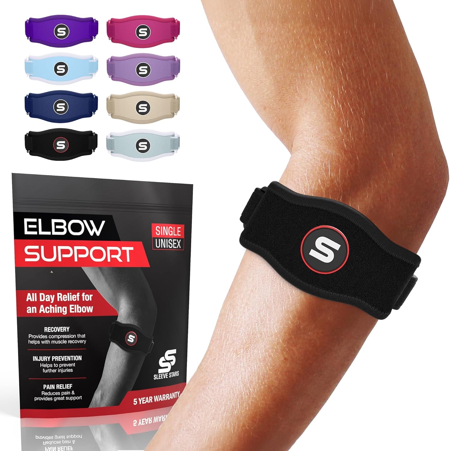 Sleeve Stars Tennis Elbow Brace for Men & Women, Elbow Brace for Tendonitis, Tennis Elbow Strap, Golfers Elbow Brace, Counterforce Brace for Tennis Elbow Relief, Fits 9"-23" (Single/Black)