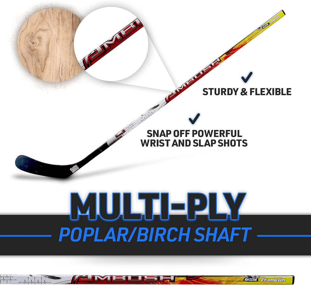 Franklin Sports Street Hockey Sticks - Ambush Junior Street Hockey Stick - Wood and Fiberglass Shaft - ABS Blade - One Piece Stick - 46", 52", 58"