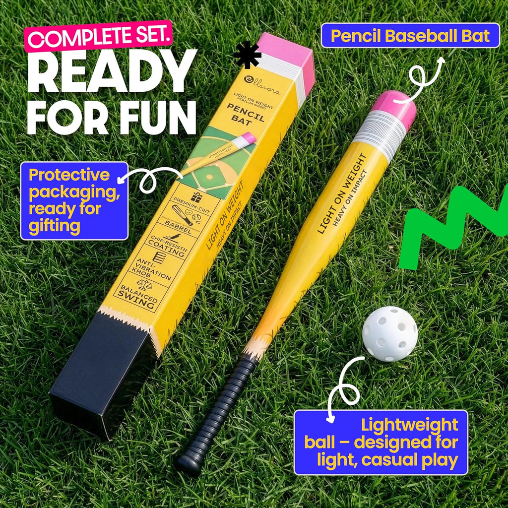 Pencil Bat - Plastic Youth Baseball Bat and Ball Set - Reinforced Durable Barrel ~29" - Backyard Baseball Games Gift - Balanced Weight - Easy to Swing