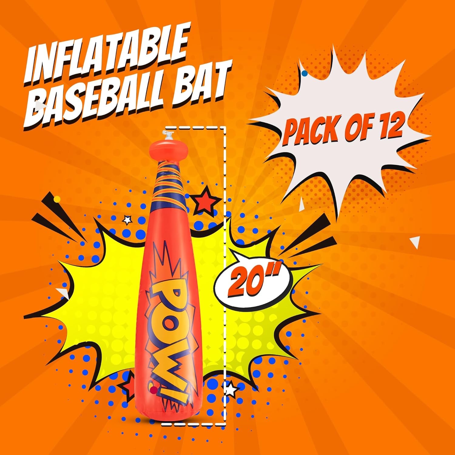 Pow Inflatable Baseball Bat - (Pack of 12) 20 Inch Inflatable Toy Bat, Carnival Prizes, Baseball Party Favors Goodie Bag Stuffers, Decorations Party Prizes for Kids