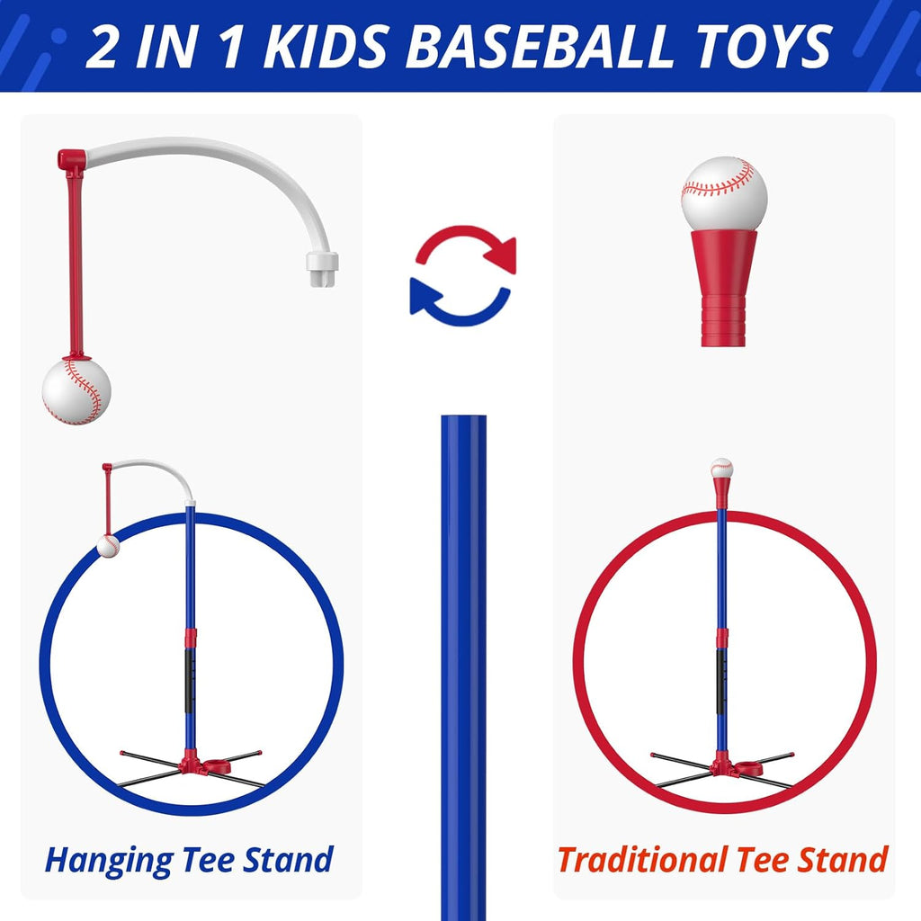 3-In-1 Baseball Set for Kids 3-5 - Tee Ball Stand, Hanging Tee, Ball Launcher and 6 Softballs - Adjustable Height, Indoor/Outdoor Sport Gifts for Boys Girls, Blue
