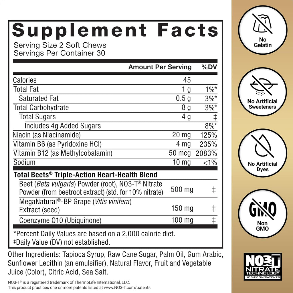 Total Beets Ultimate Heart Health Chews for Blood Pressure Support, with Beetroot Powder, Coq10, B Vitamins & Grapeseed Extract for Blood Flow & Energy, Black Cherry, 60 Soft Chews