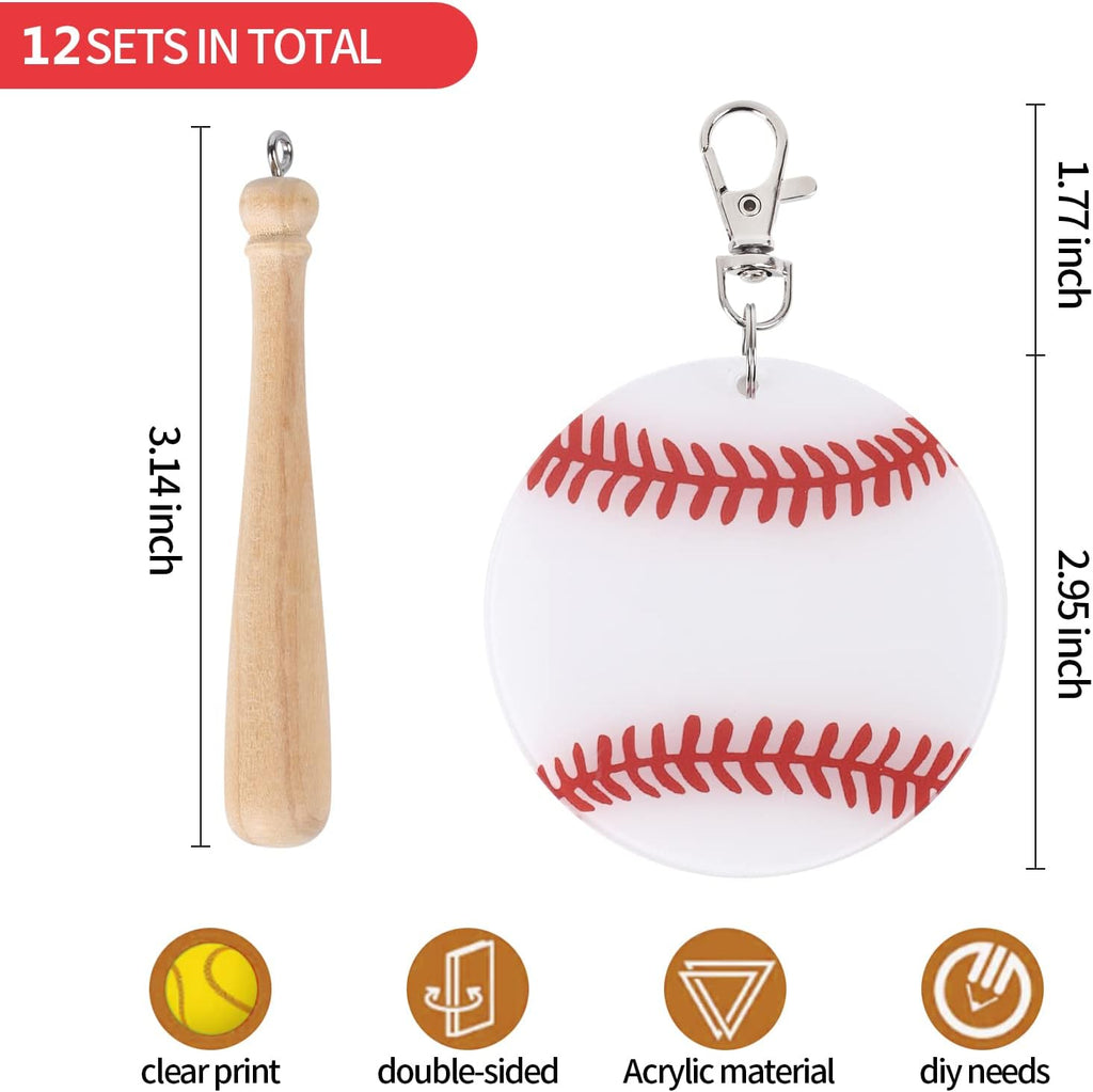 Baseball Softball Sports DIY Keychain : 12 Set Acrylic Keychain Kit with Mini Baseball Softball Bat