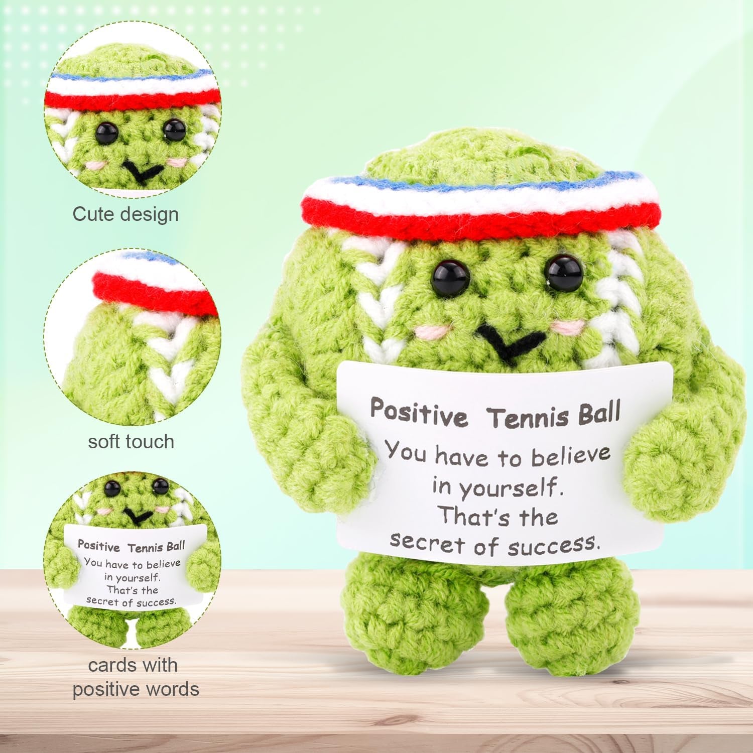 Positive Tennis Ball, Cute Funny Crochet Inspirational Tennis Ball Positive Knitted Animal Doll Crochet Toy with Positive Card for Sports Lover Friends Party Decorations
