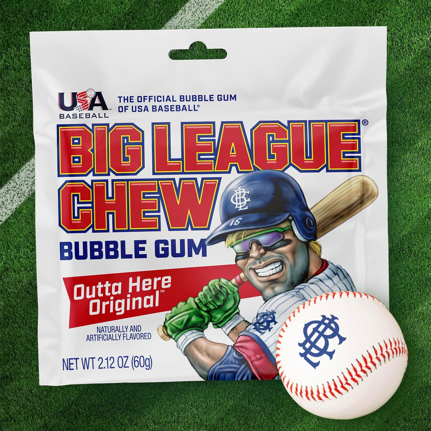 Outta Here Original Bubble Gum - Classic Ballpark Flavor | Perfect for Baseball Games, Teams, Concessions, Parties, and More | Pack of 12 Bags (2.12Oz Each)