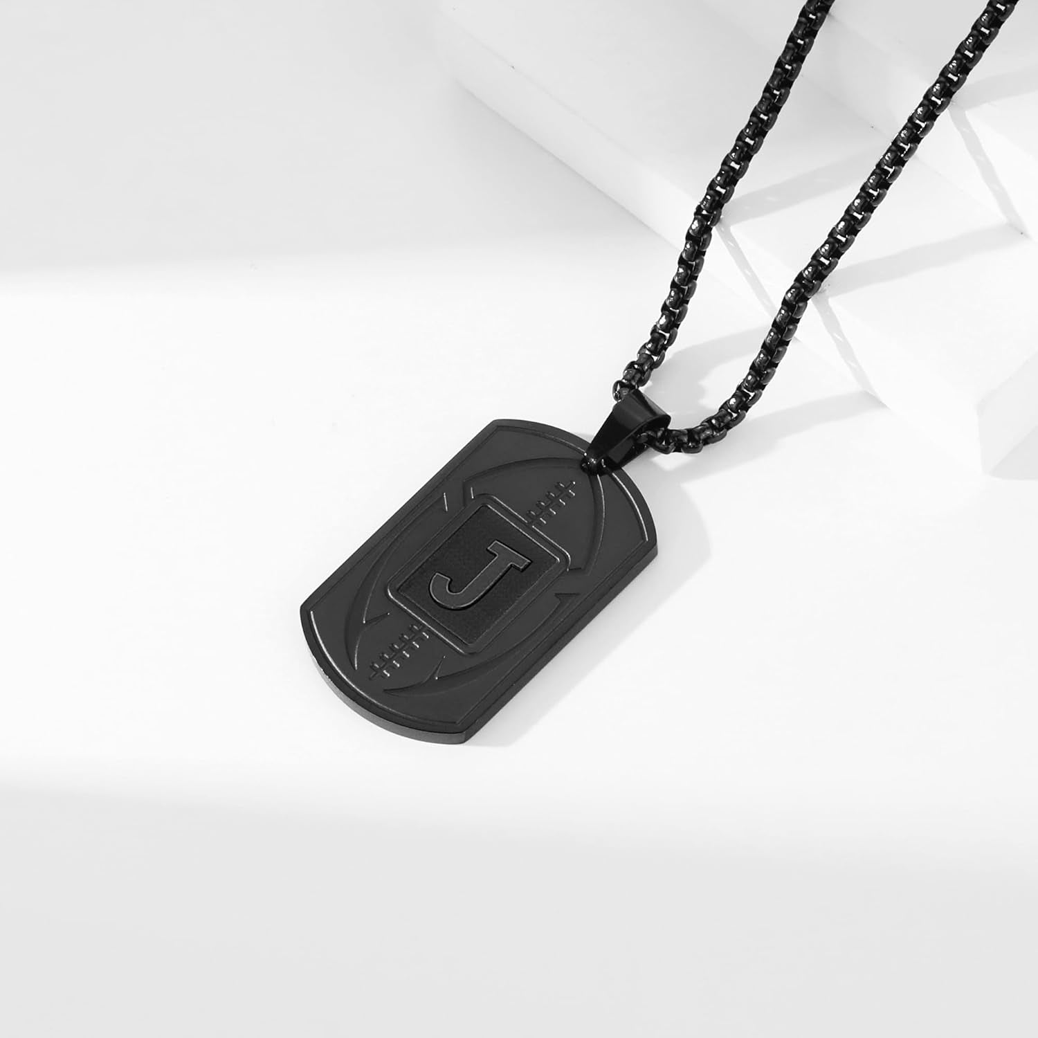 Initial A-Z Dog Tag Necklace for Men - Football Charm Pendant, Stainless Steel Chain 22+2 Inches, Personalized Sports Athletes Jewelry Gift