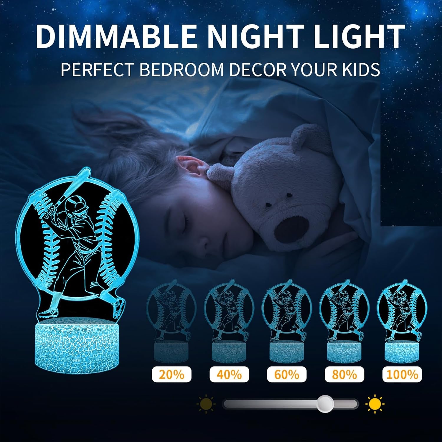 Baseball Gift 3D Night Light for Kids - 16 Colors & Flashing Modes with Remote Control Opreated Dimmable - Baseball Player Decor - Christmas Birthday Gifts for Boys Girls Sport Fans