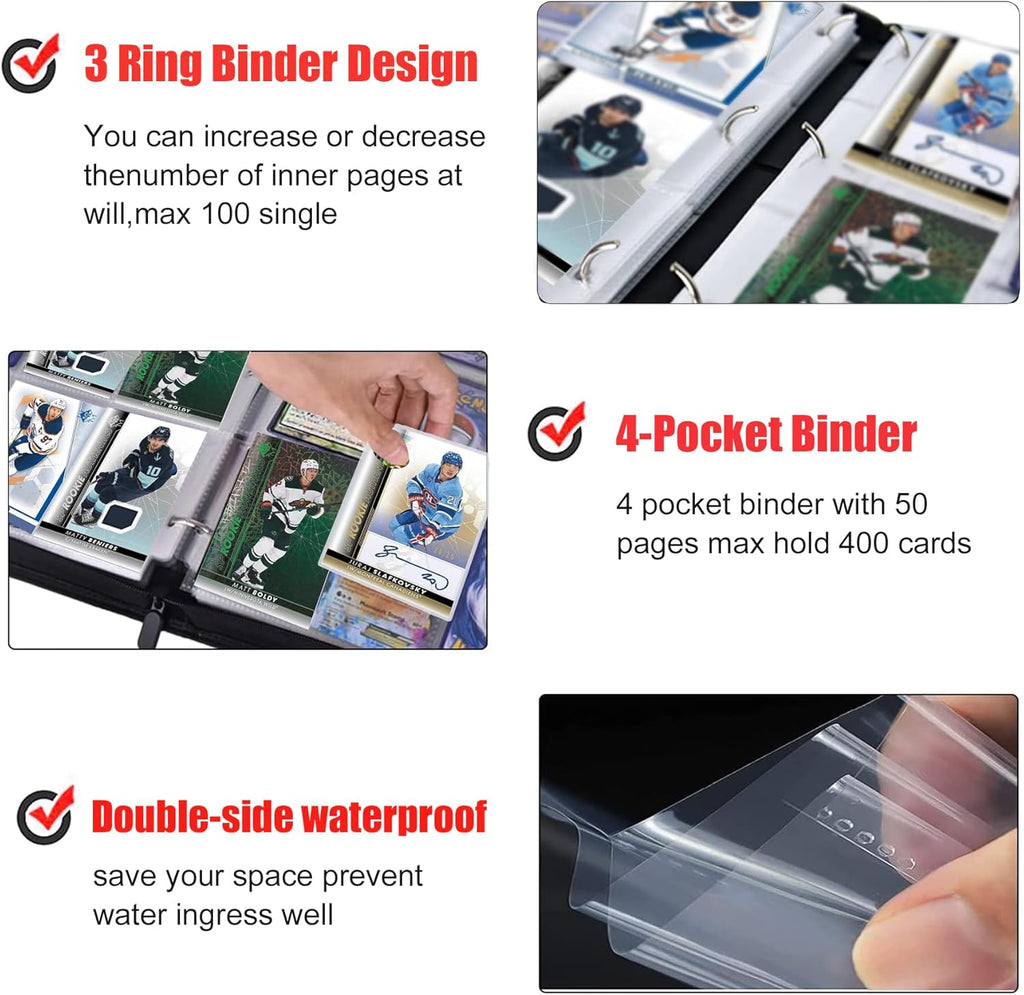 400 Pockets Hockey Card Binder for Hockey Trading Cards 2024 2025 2026 Collectors,Portable Waterproof Card Storage Book with Removable Sleeves,Compatible with Hockey,Football,Sports Game and TCG Cards