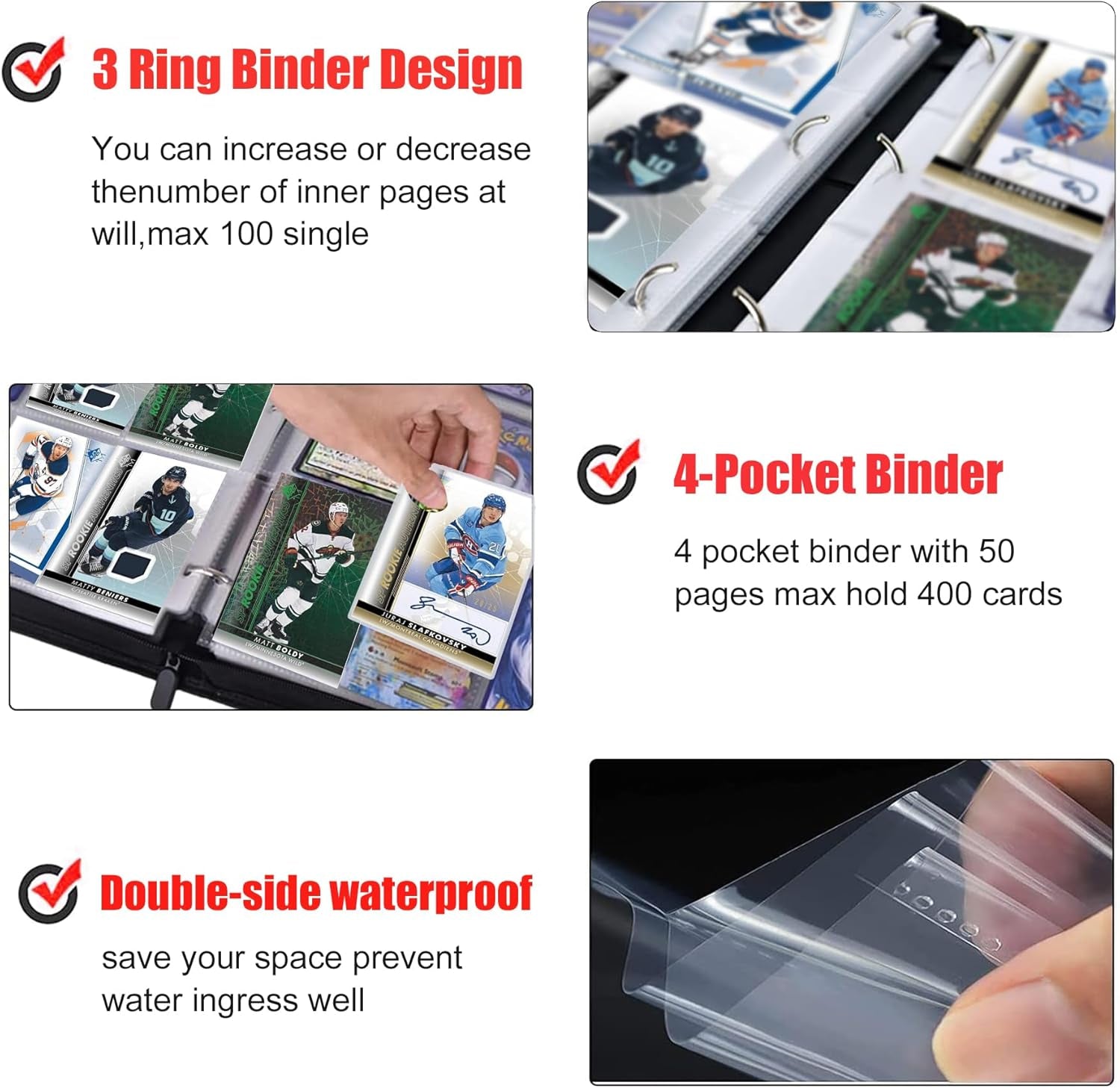 400 Pockets Hockey Card Binder for Hockey Trading Cards 2024 2025 2026 Collectors,Portable Waterproof Card Storage Book with Removable Sleeves,Compatible with Hockey,Football,Sports Game and TCG Cards