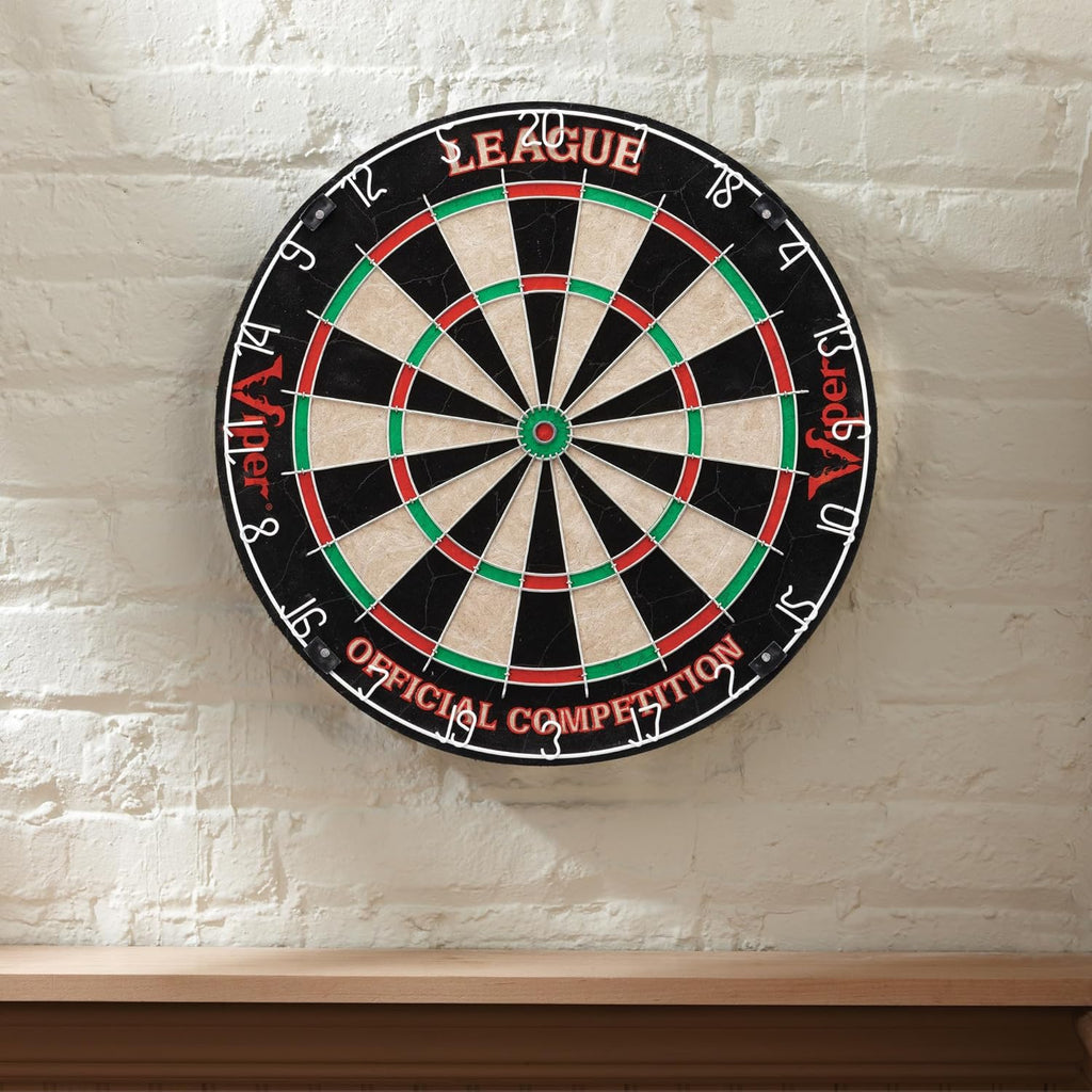 Viper League Pro Regulation Bristle Steel Tip Dartboard Starter Set with Staple-Free Bullseye, Radial Spider Wire, High-Grade Sisal with Rotating Number Ring, Chalk Cricket Scoreboard, Steel Tip Darts