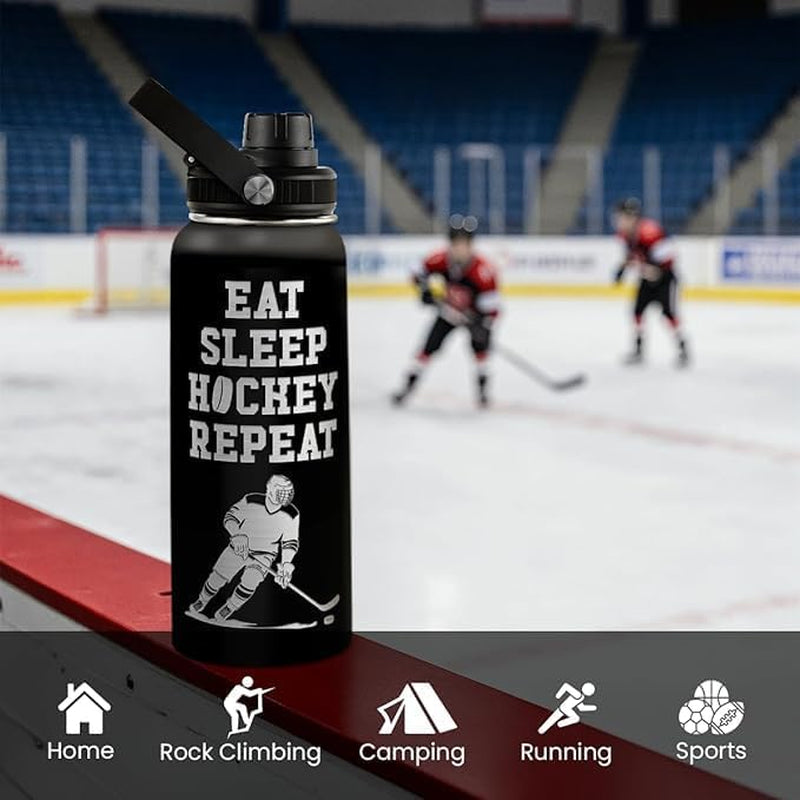 Ice Hockey Insulated Engraved Stainless Steel Water Bottle 32Oz, Vacuum Chug Lid Travel Tumbler for Men Friends Hockey Lovers Fans Coaches,Birthday Christmas