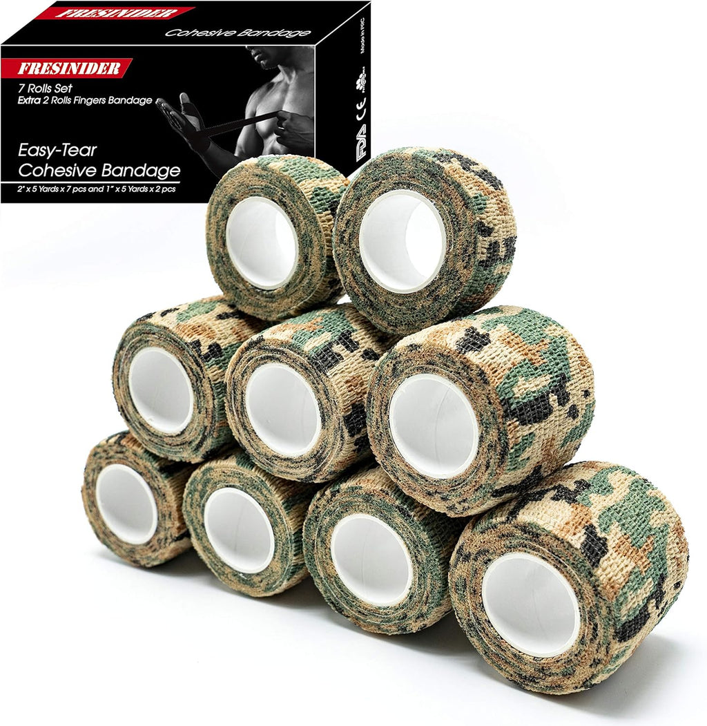 9 Rolls Self Adhesive Wrap Athletic Tape Gauze, Breathable Elastic Cohesive Bandage for Sports Injury & Pet (7 Pcs 2" X 5 Yards + 2 Pcs 1" X 5 Yards) (German Woodland Camo)