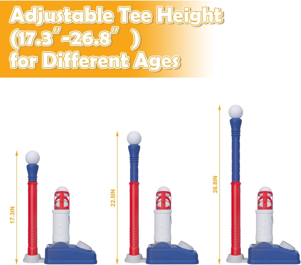 Baseball Tee，T-Ball Set for Kids Ages 3-5, Toddler Baseball Set with Step-On Pitching Machine, Adjustable Batting Tee, Bat and 6 Balls - Perfect Outdoor Christmas Toys Gift for Boys
