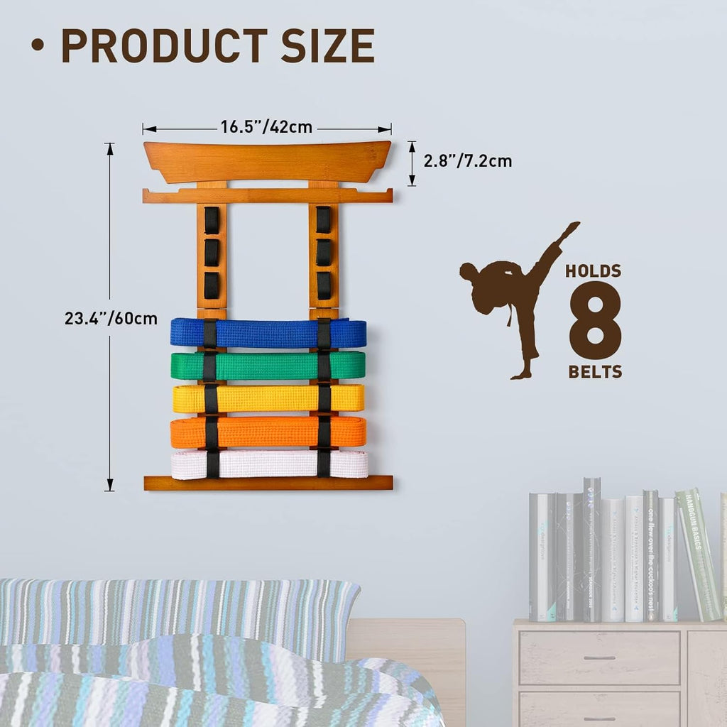 8 Belt Karate Belt Display Rack with Medal Hanger and Stickers, Taekwondo Belt Display Holder, Martial Arts Belt Display Organizer for Adults, No Assembly Required (Bamboo/Acrylic)