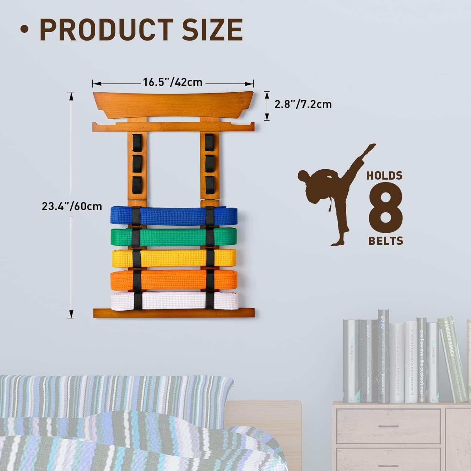 8 Belt Karate Belt Display Rack with Medal Hanger and Stickers, Taekwondo Belt Display Holder, Martial Arts Belt Display Organizer for Adults, No Assembly Required (Bamboo/Acrylic)