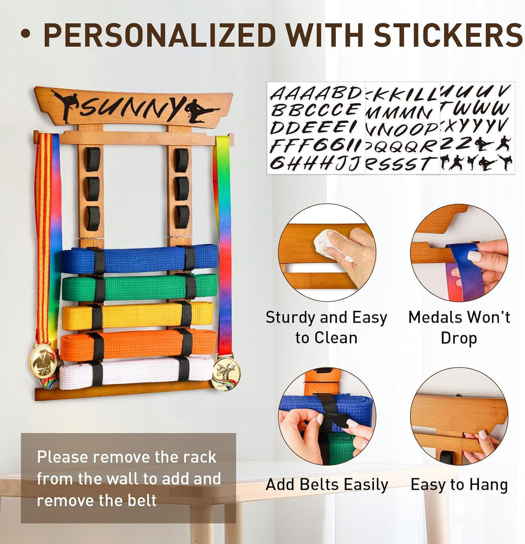 8 Belt Karate Belt Display Rack with Medal Hanger and Stickers, Taekwondo Belt Display Holder, Martial Arts Belt Display Organizer for Adults, No Assembly Required (Bamboo/Acrylic)