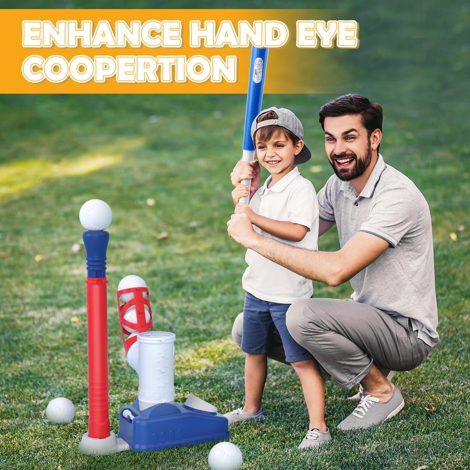 Baseball Tee，T-Ball Set for Kids Ages 3-5, Toddler Baseball Set with Step-On Pitching Machine, Adjustable Batting Tee, Bat and 6 Balls - Perfect Outdoor Christmas Toys Gift for Boys