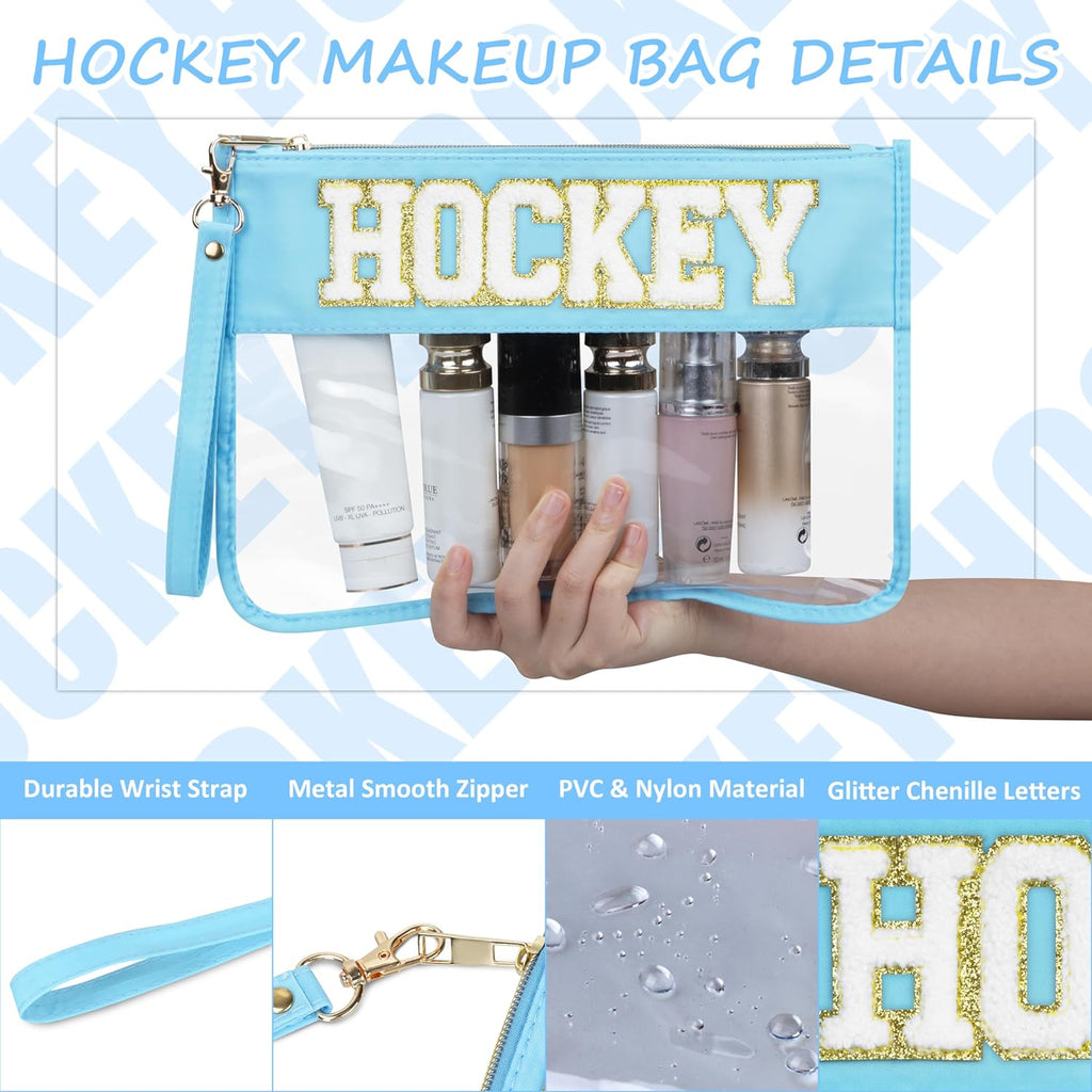 2 Pcs Hockey Gifts Makeup Bag with Chenille Letter Patch, Clear Cosmetic Pouch PVC Organizer Purse, Waterproof Travel Bag, Portable Toiletry Storage Bag for Her Girls Friends Women