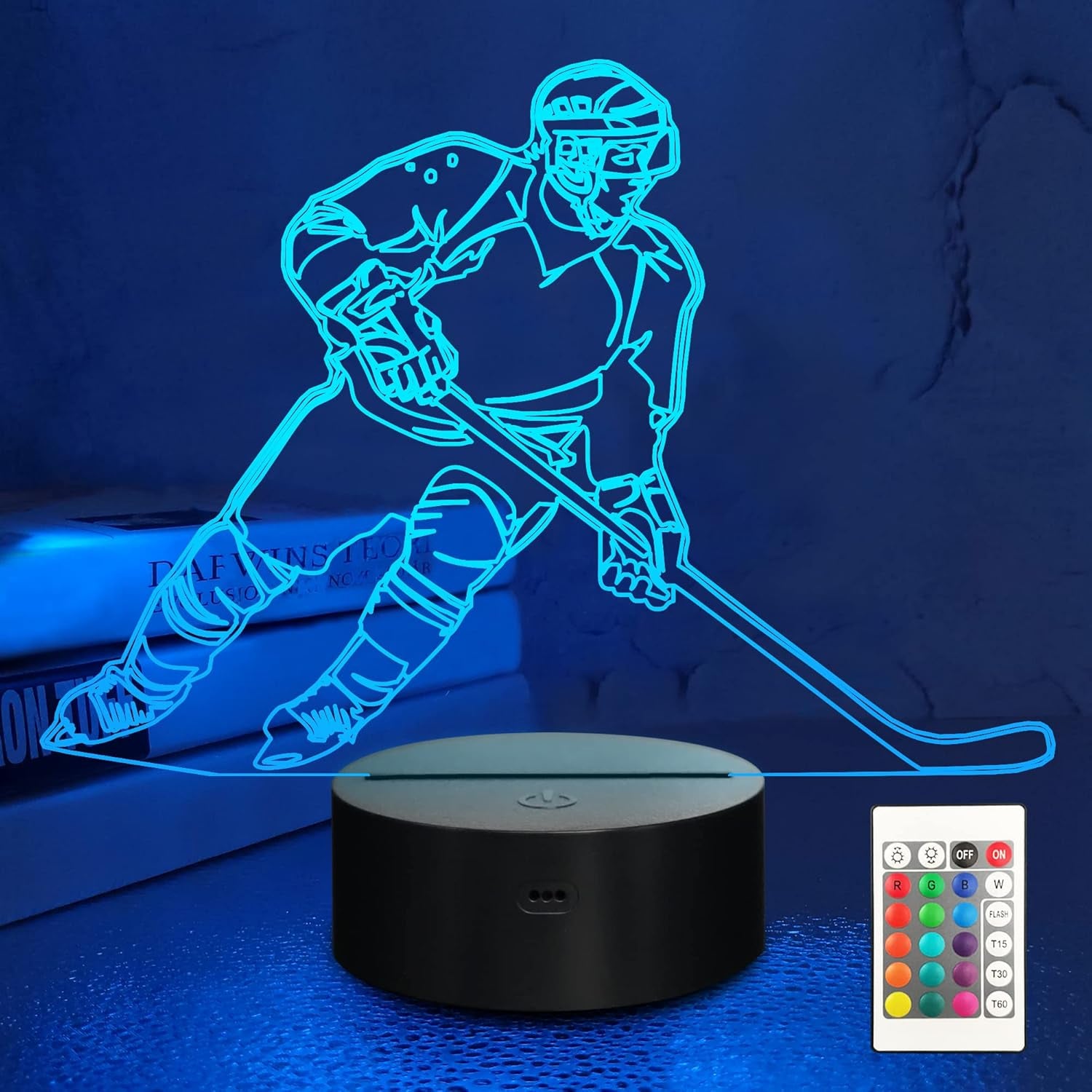 Ice Hockey Player 3D Night Lights for Kids LED 16 Colors Remote Control Changing Touch Dimmable Table Desk Lamp Birthday Xmas Gifts Home Decor for Sports Hockey Fan