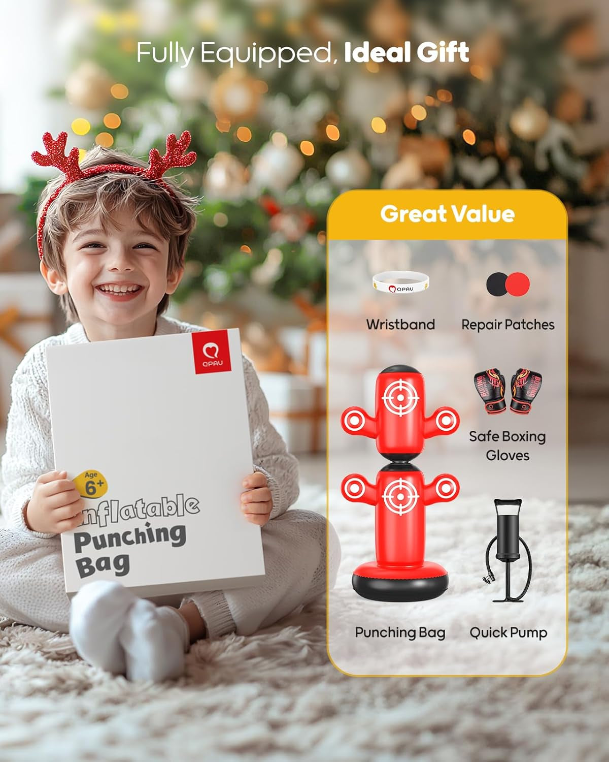 360° Rotatable Punching Bag for Kids, Lager 64” Kids Punching Bag with Gloves, Hand Pump & 6 Targets, Bop Bag Inflatable Punching Toy, Karate Gifts for Boys, Girls