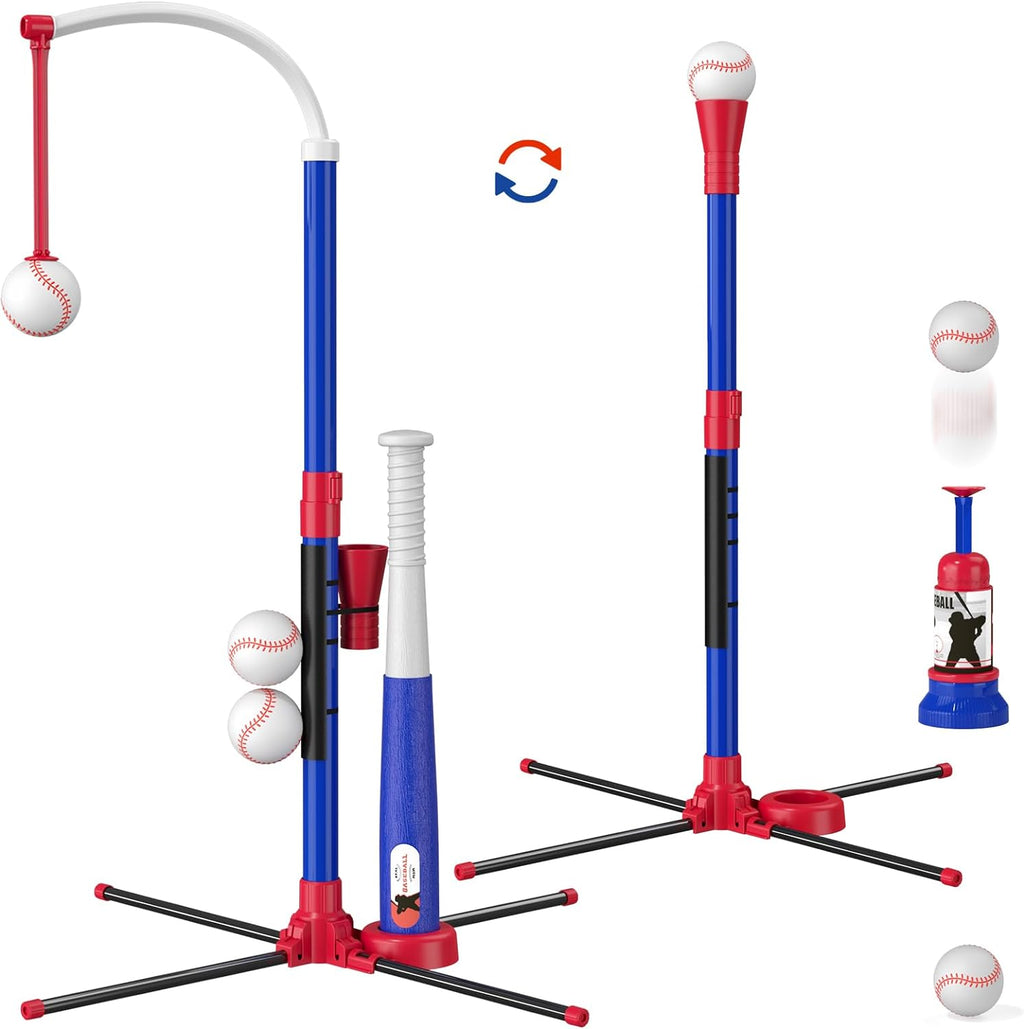 3-In-1 Baseball Set for Kids 3-5 - Tee Ball Stand, Hanging Tee, Ball Launcher and 6 Softballs - Adjustable Height, Indoor/Outdoor Sport Gifts for Boys Girls, Blue