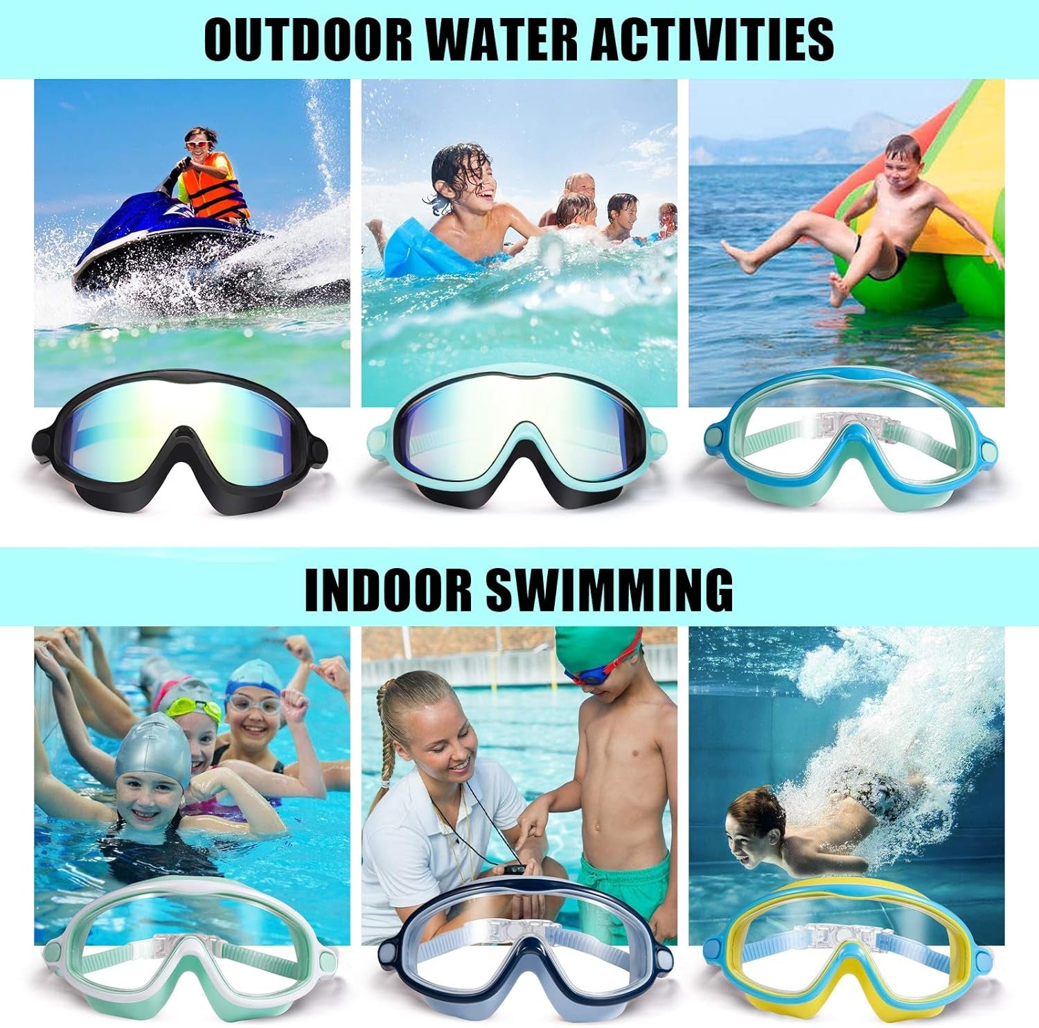 Swim Goggles 2 Pack Anti-Fog Anti-Uv Wide View Swimming Goggles for Kids 3-14