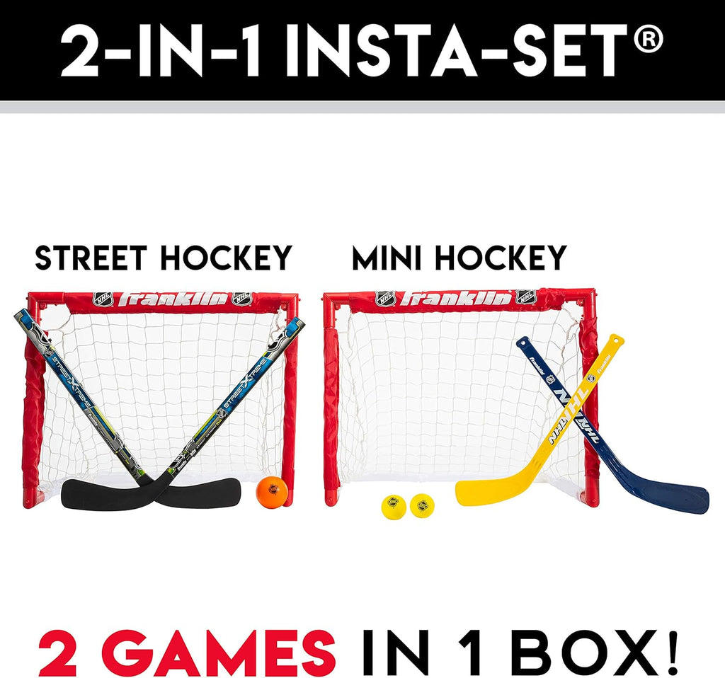 Franklin Sports - NHL Kids Folding Hockey Goals Set - (2) Street Hockey & Knee Hockey Goals - (2) Adjustable Youth Hockey Sticks, (2) Knee Hockey Sticks, (2) Mini Hockey Balls + (1) Street Hockey Ball