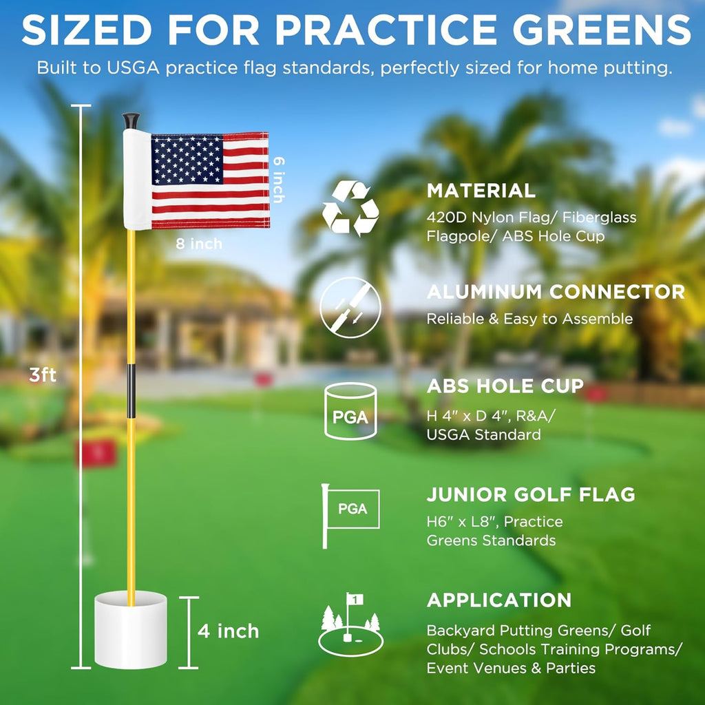 Golf Flagstick Mini, Practice Putting Green Flags for Yard, All 3 Feet, Golf Pin Flag Hole Cup Combo Kit, Fiberglass Portable 2-Section Design, Double-Side American Flag