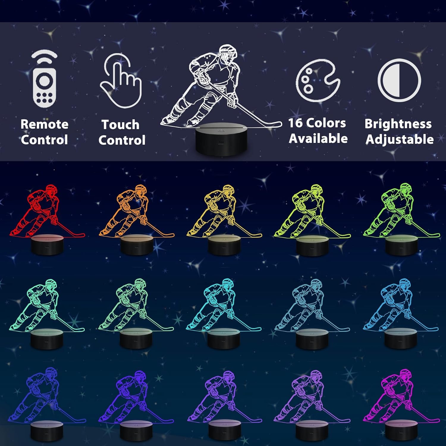 Ice Hockey Player 3D Night Lights for Kids LED 16 Colors Remote Control Changing Touch Dimmable Table Desk Lamp Birthday Xmas Gifts Home Decor for Sports Hockey Fan